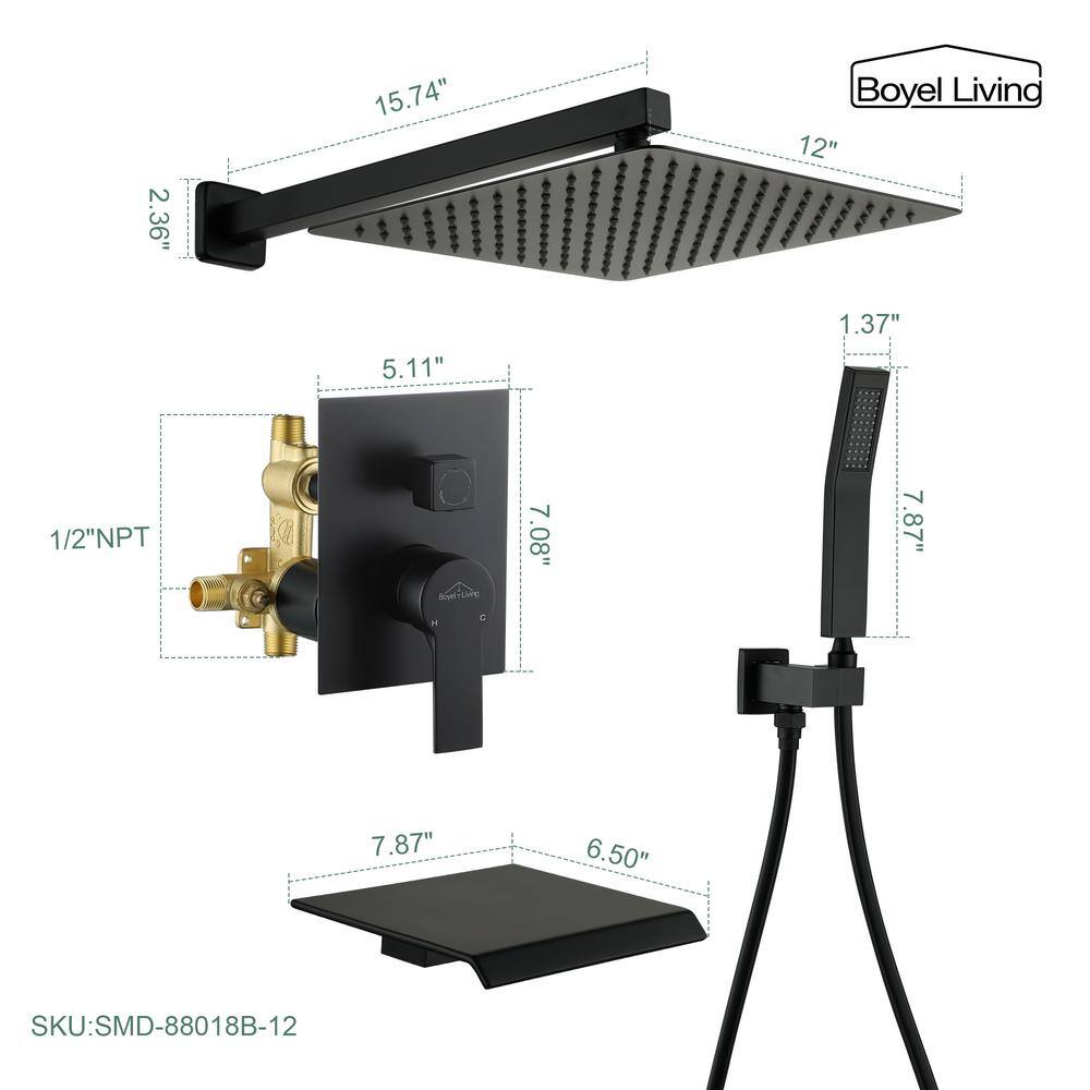 Boyel Living Wall Mount Single-Handle 1-Spray Tub and Shower Faucet in Matte Black - 12 Inch (Valve Included) SMD-88018B-12