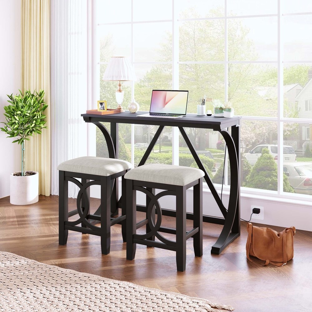 Farmhouse 3 Piece Counter Height Dining Table Set with USB Port and Upholstered Stools