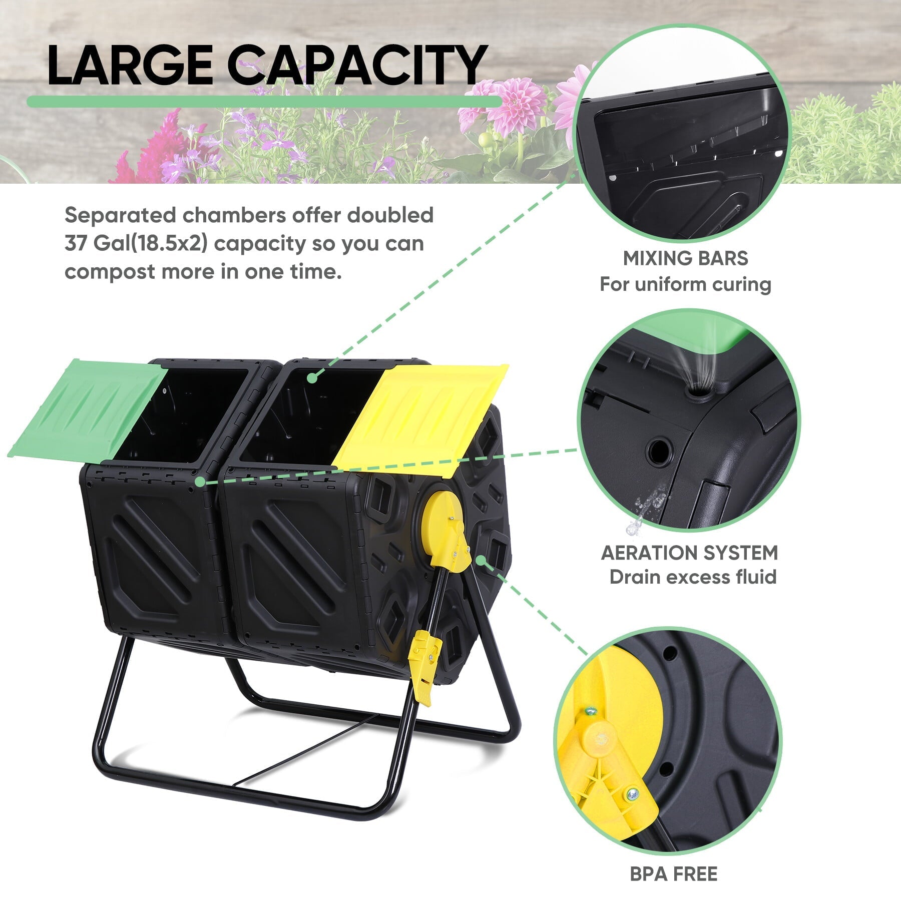 ZenSports 37Gal Outdoor Composter Dual Chambers Tumbler Bin Sliding Doors, Black