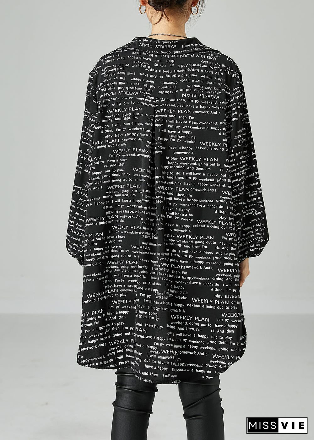 French Black Oversized Letter Print Chiffon Shirt Dress Spring