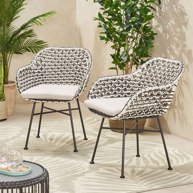 Beulah 2pc Patio Wicker Chairs With Cushions White beige black Christopher Knight Home