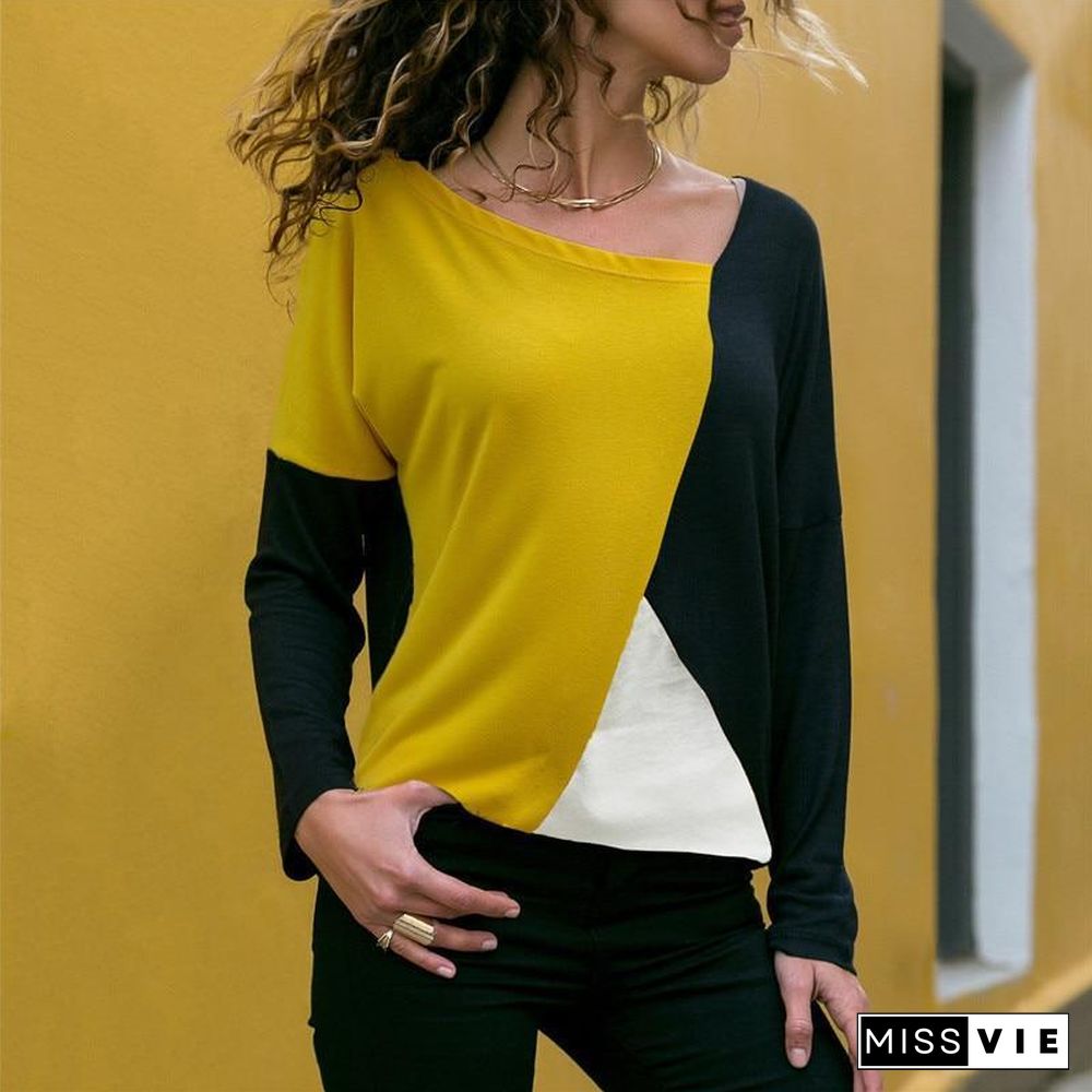 Women Long Sleeve T-Shirt Patchwork Color Block Shirt Pullover Cotton Casual Tops