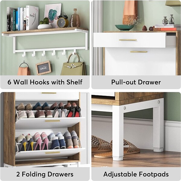 Shoe Cabinet Flip Drawer and Wall Mounted Coat Shelf Set - - 36100544