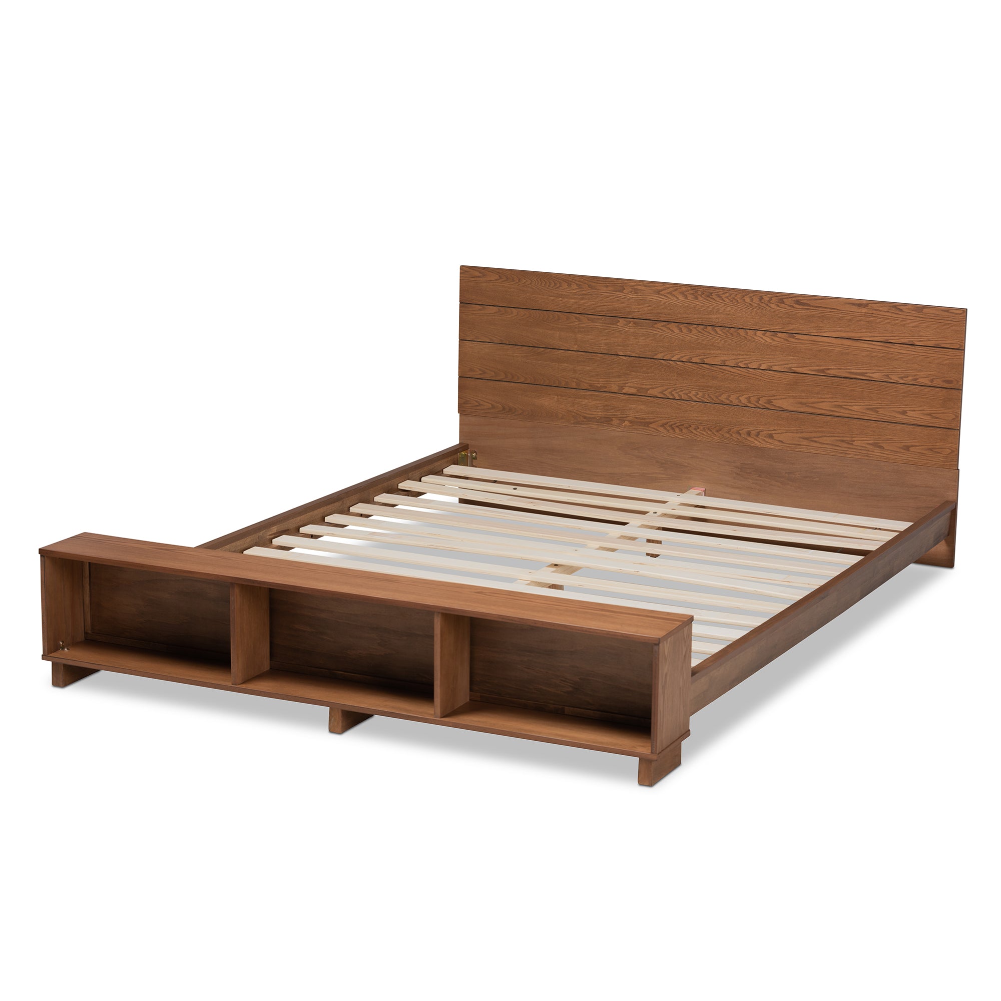 Baxton Studio Regina Modern Rustic Ash Walnut Brown Finished Wood Full Size Platform Storage Bed with Built-In Shelves