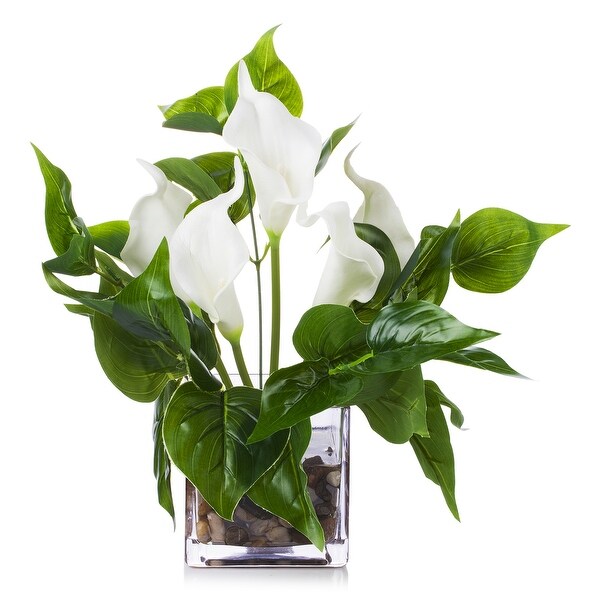 Enova Home Artificial Real Touch Cream Lily Fake Silk Flowers Arrangement with Green Leaf in Cube Glass Vase for Home Decoration