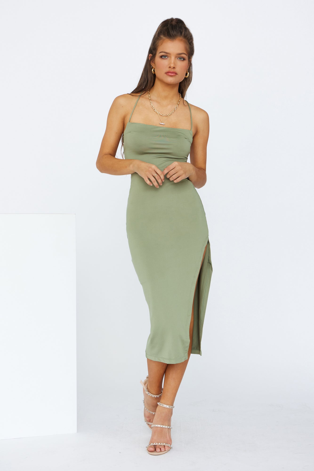 Green Lit Midi Dress Khaki