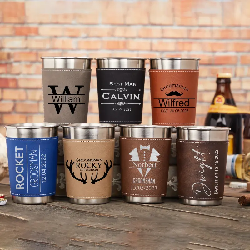 Personalized Custom Leather Beer Cup Sleeve For Stainless Steel Mug Glass Engraved Tumbler Beer Can Holder For Camping Drinks