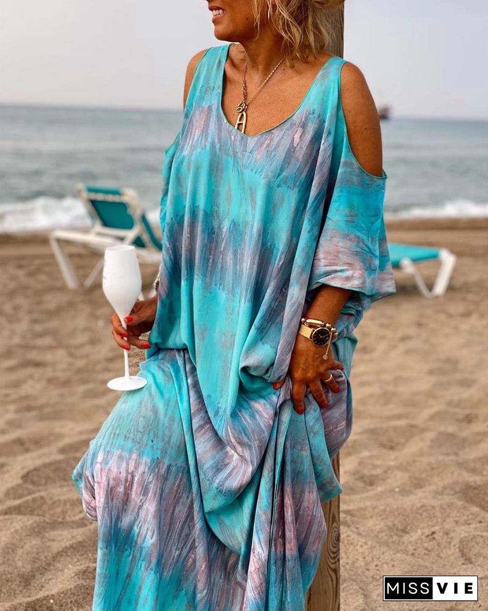 Tie-Dye Print Cold Shoulder Batwing Sleeve Maxi Dress P10008