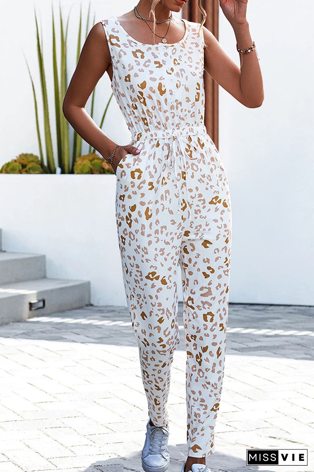 Leopard Print Sleeveless Strap One Piece Jumpsuit