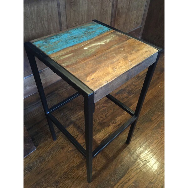 Handmade Industrial Old Reclaimed Wood and Iron Stool (India)