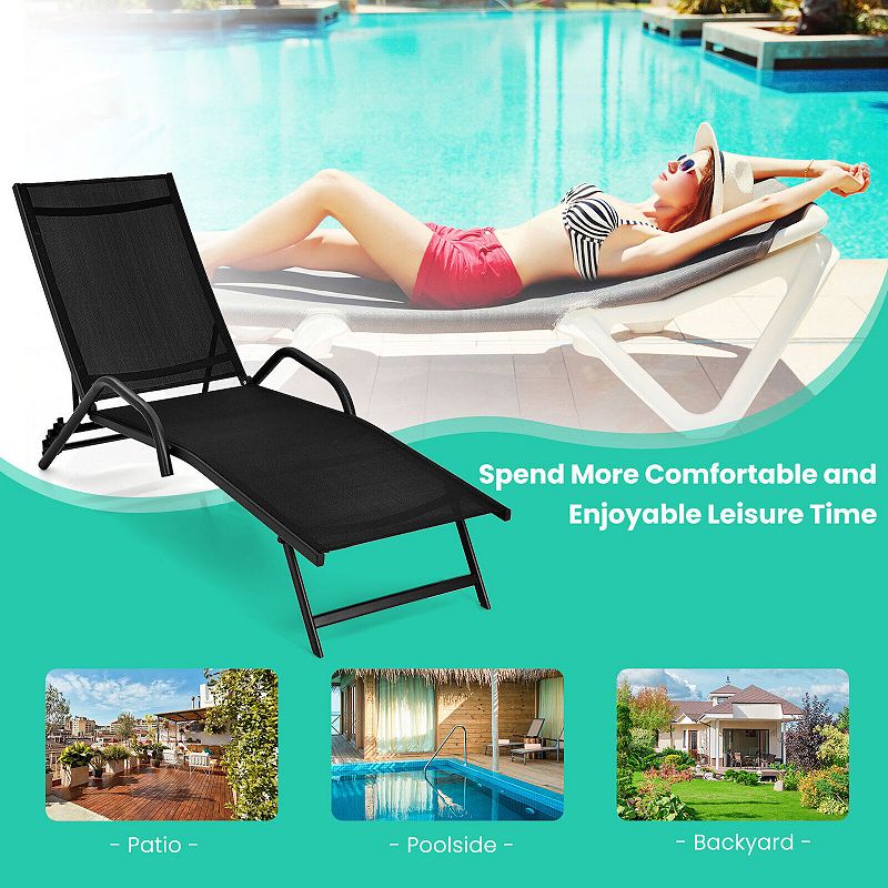 2 Pieces Outdoor Chaise Lounge with 5-Position Adjustable Backrest-Black