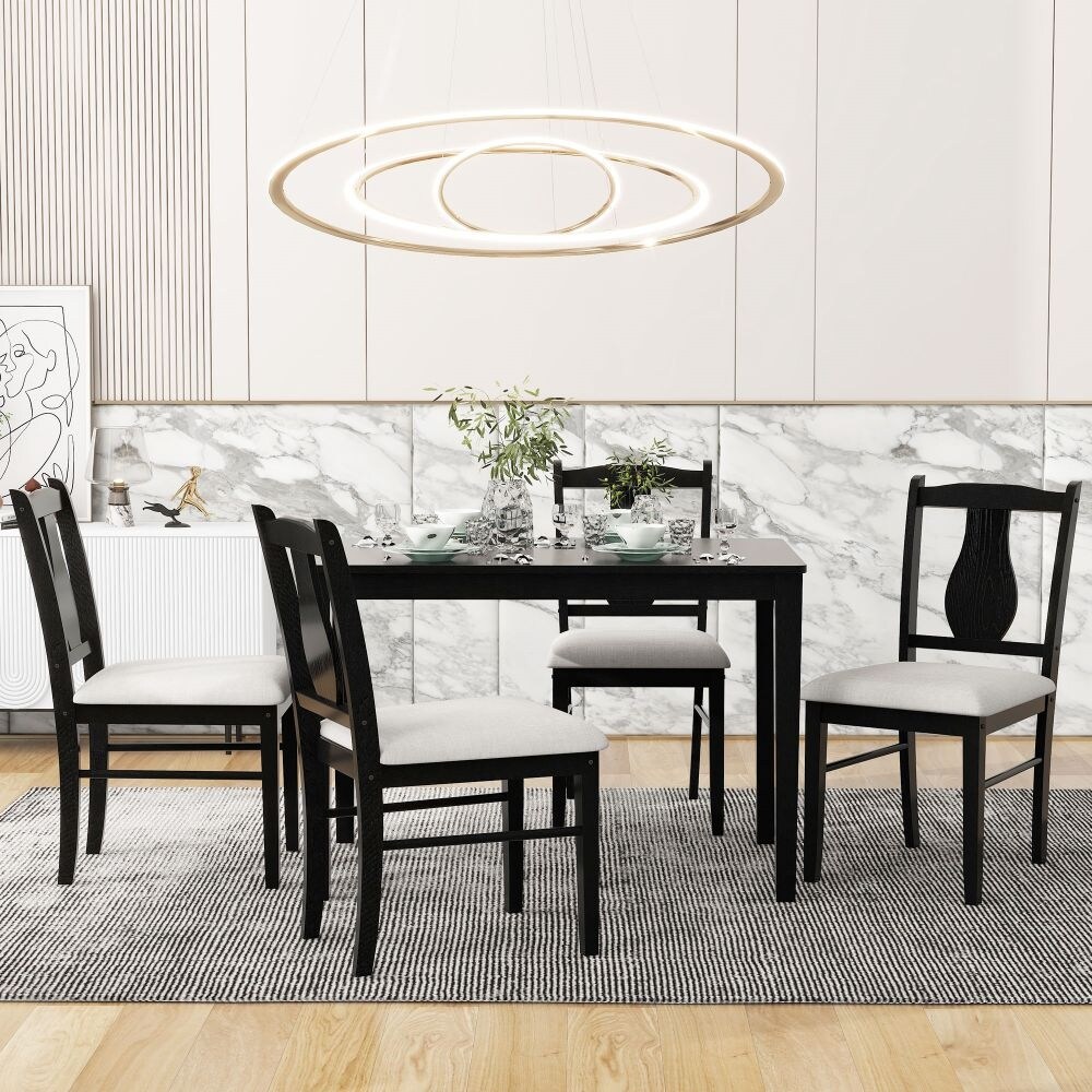 5 Piece Kitchen Dining Table Set  Wooden Rectangular Dining Table and 4 Upholstered Chairs