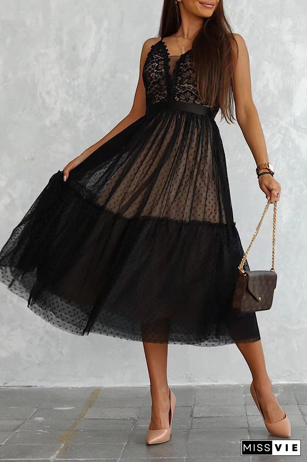 Casual Patchwork Lace Spaghetti Strap Cake Skirt Dresses