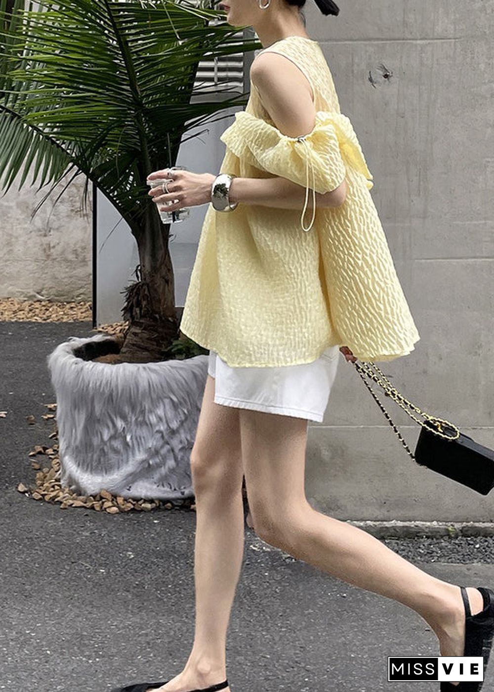 Chic Yellow Drawstring Off The Shoulder Silk Shirt Top Summer