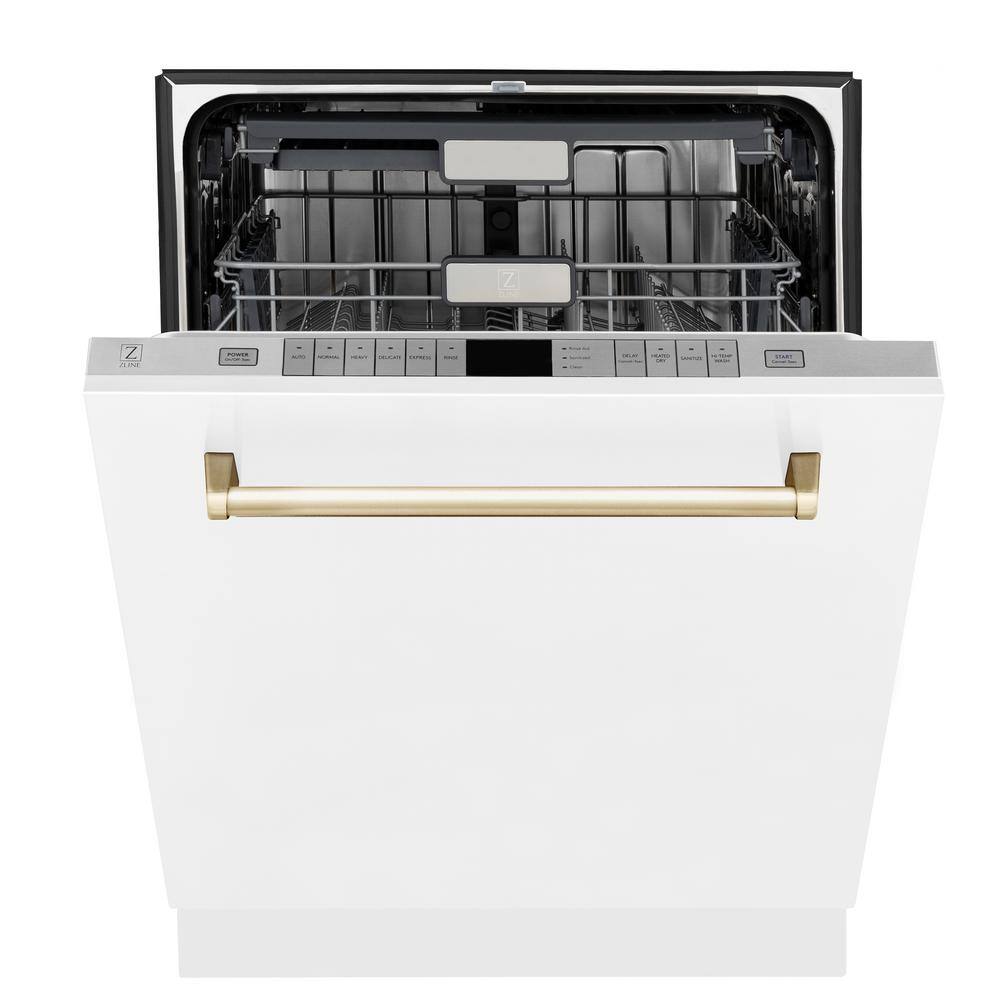 ZLINE Kitchen and Bath Autograph Edition 24 in. Top Control 6-Cycle Tall Tub Dishwasher w 3rd Rack in Matte White  Gold DWMTZ-WM-24-G