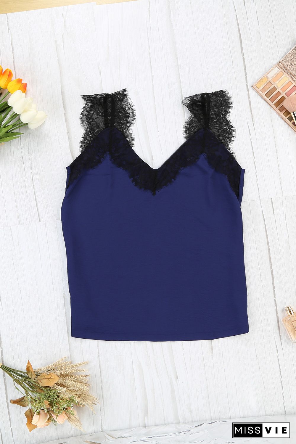 Blue One More Night Lace Cami Tank