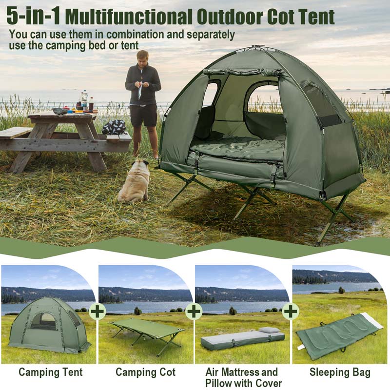 5-in-1 Off-Ground Tent Cot 1-Person Foldable Camping Bed Tent with Awning, Air Mattress, Sleeping Bag, Carrying Bag