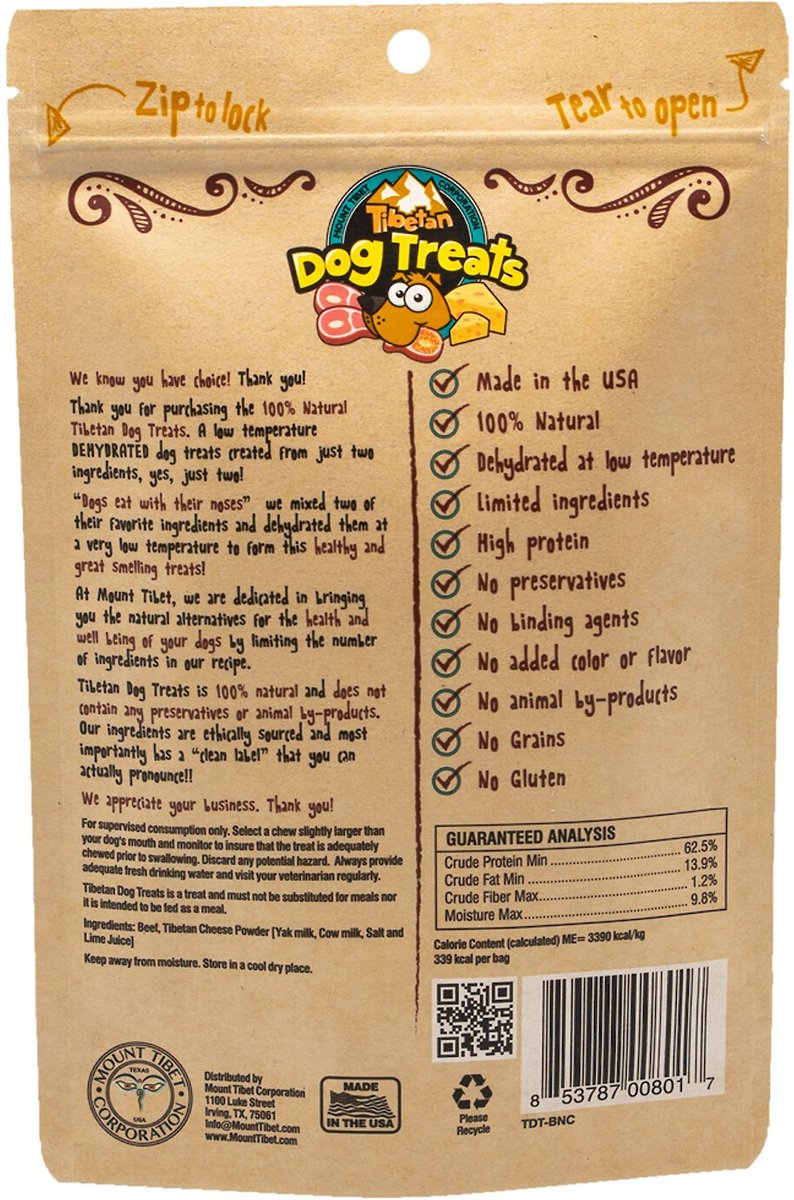 Tibetan Dog Treats Beef 'n' Cheese Grain-Free Dehydrated Dog Treats， 3.5-oz pouch