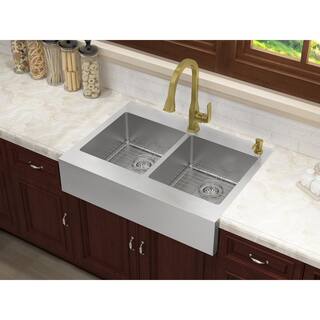 Glacier Bay Retrofit Drop-In Stainless Steel 33 in. 2-Hole 5050 Double Bowl Flat Farmhouse Apron Front Kitchen Sink 302-7356