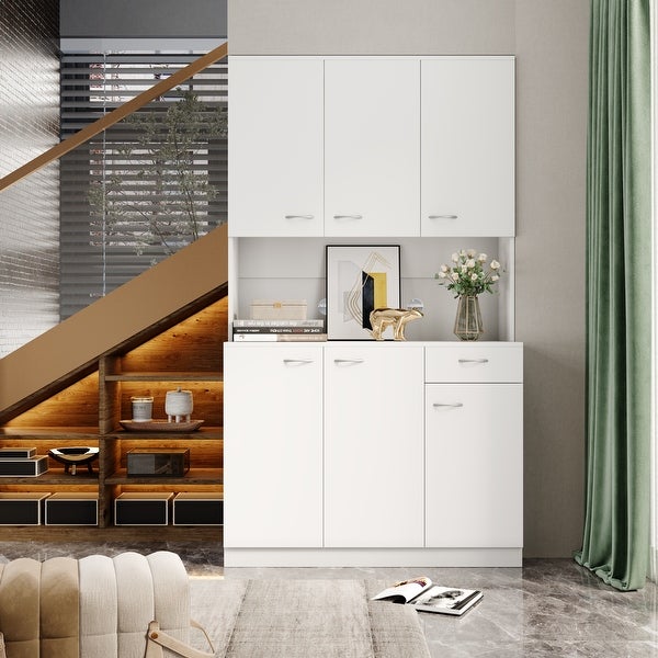 Modern Tall Wardrobe with 6-Doors， 1-Open Shelves and 1-Drawer - - 36805924