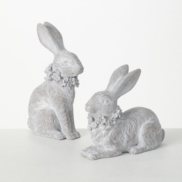 Sullivans Whitewashed Resting Decorative Bunny Sculpture Set Of 2 6 25 quot h amp 8 25 quot h Gray