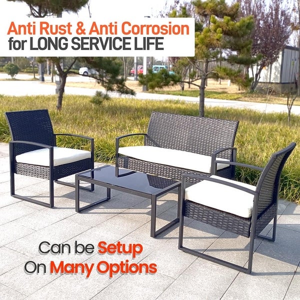 4 Pcs. Patio Outdoor Rattan Furniture Set-1 Double 2 Single Chairs， and 1 Table (Black) - Overstock - 37952300