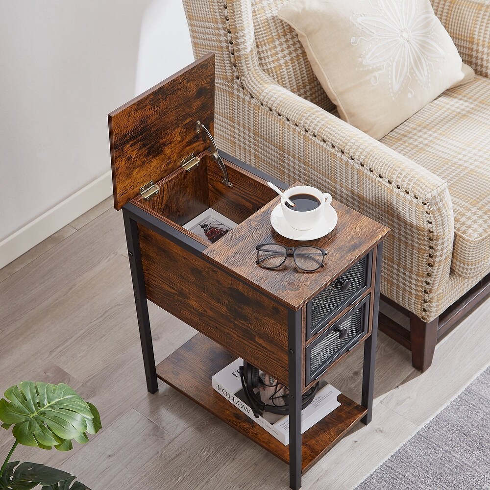 VECELO  Mid century Modern Flip Top Nightstand with 2 Drawer  Rustic Brown