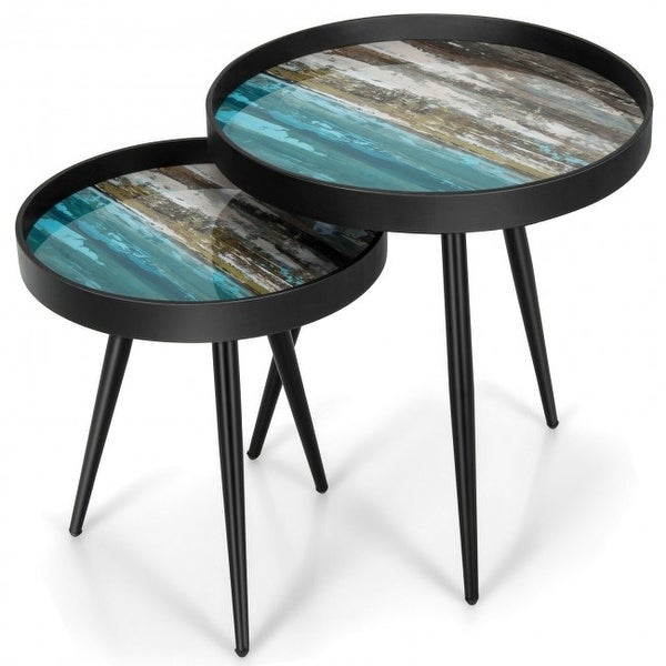 Set of 2 Stylish Nesting End Tables with Wooden Tray Top and Steel Legs-Black - 19.5(φ) x 21(H); 15.5(φ) x 17.5(H)