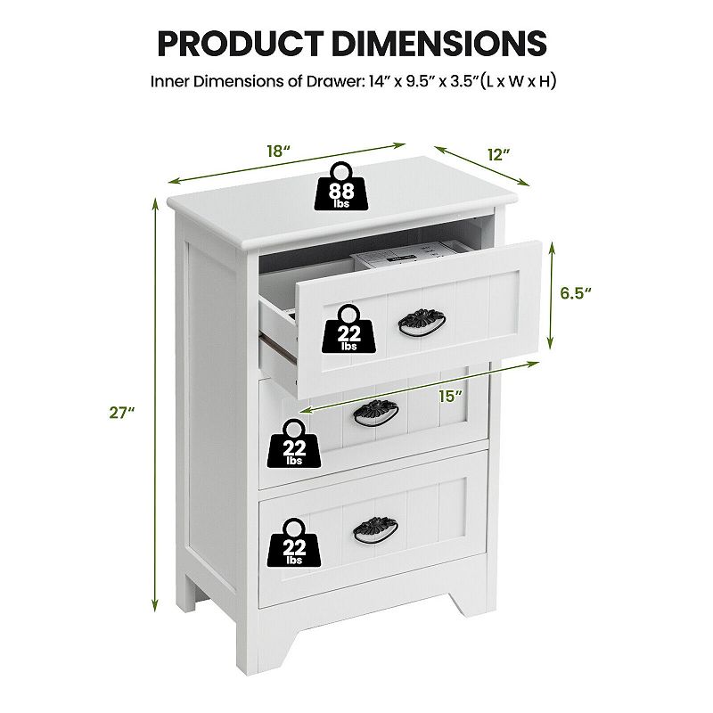 3 Drawers End Storage Wood Side Nightstand