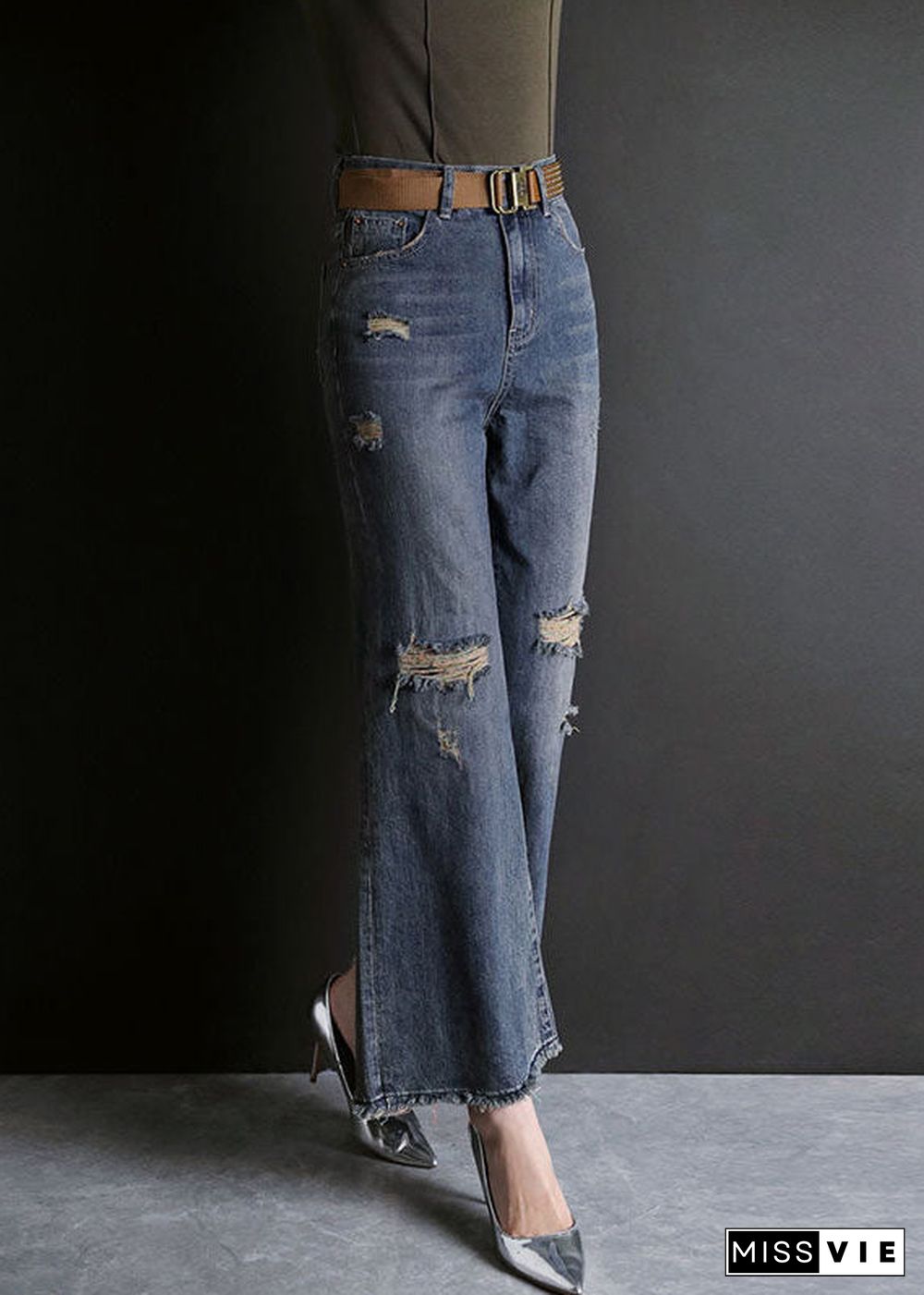 Fashion Blue High Waist Hole Pockets Cotton Denim Flare Pants Summer