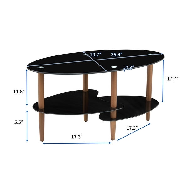 Black Oval Glass Coffee Table Wood Leg Tea Table 3 Layer Glass Table