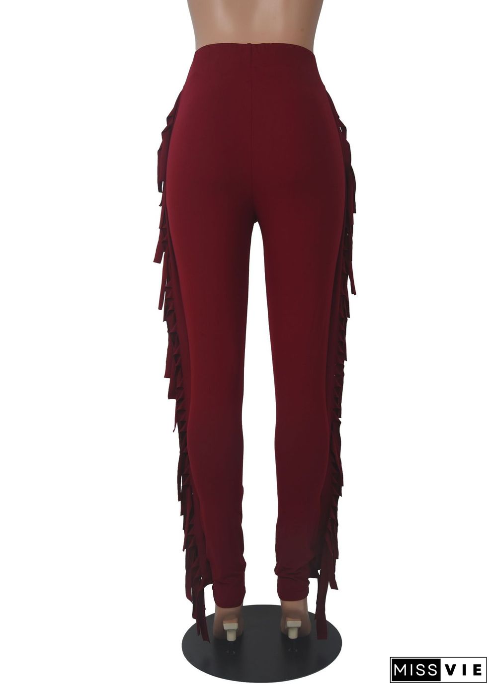 Solid Elastic Waist Side Tassel Casual Pencil Pants