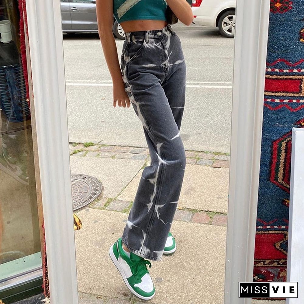 Weekeep Tie Dye Casual Jeans Womens Vintage Harajuku Slim Denim Pants High Waist Fashion Korean Trousers Jeans Female Streetwear