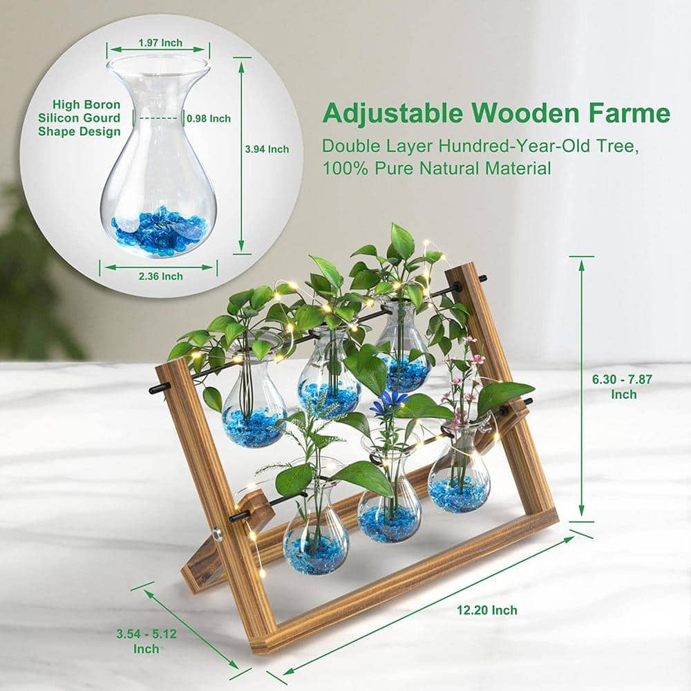 EVEAGE Double Layer 16 in. White Glass Plant Water Propagation Station with Wooden Stand BLSPHJ-6Pcs-729