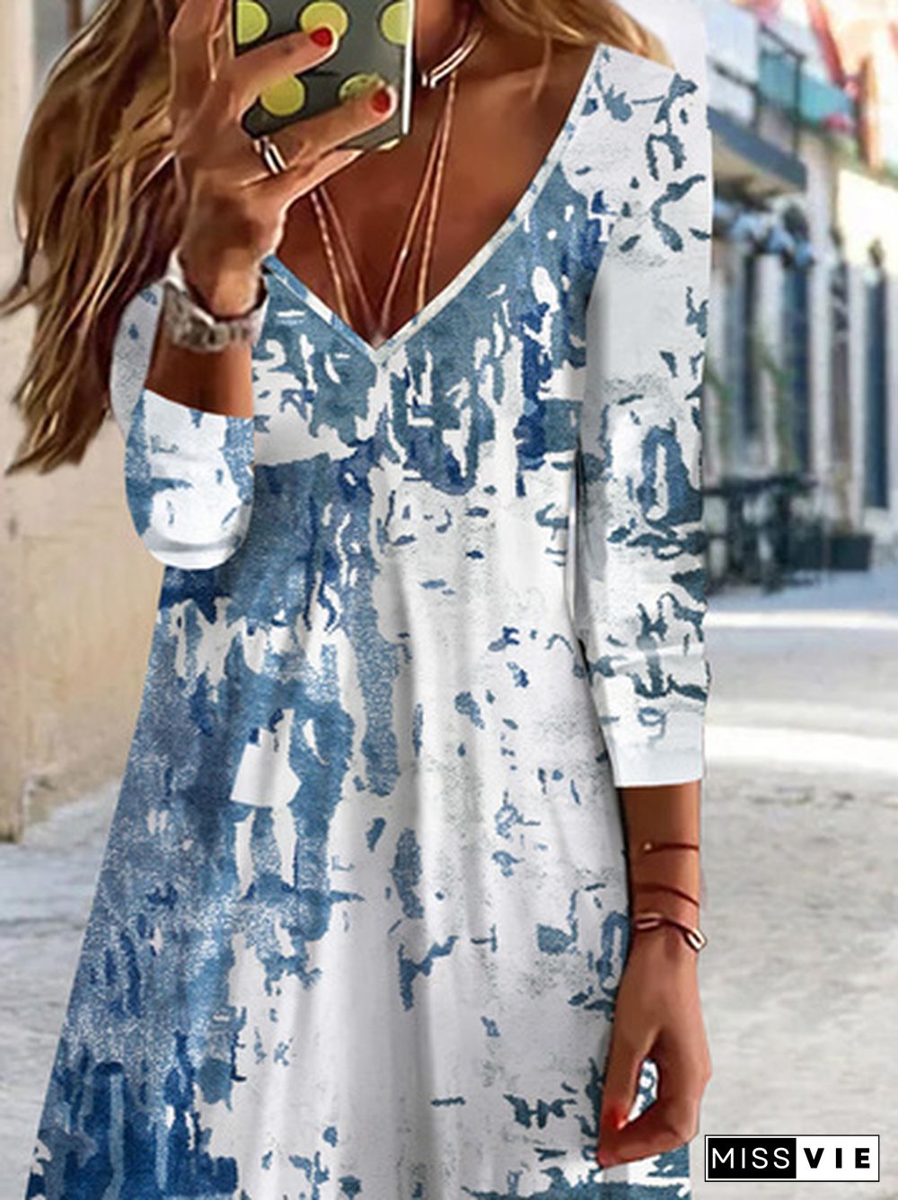 Abstract Printed Casual Loose V Neck Dresses