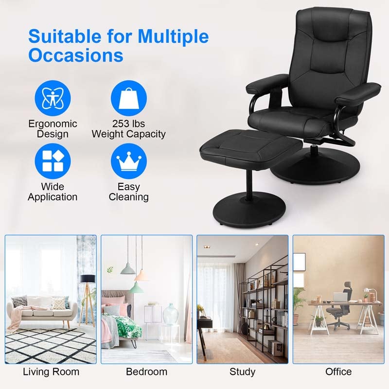 360° Swivel Massage Recliner Chair with Ottoman, Faux Leather Lounge Armchair for Living Room Bedroom Office