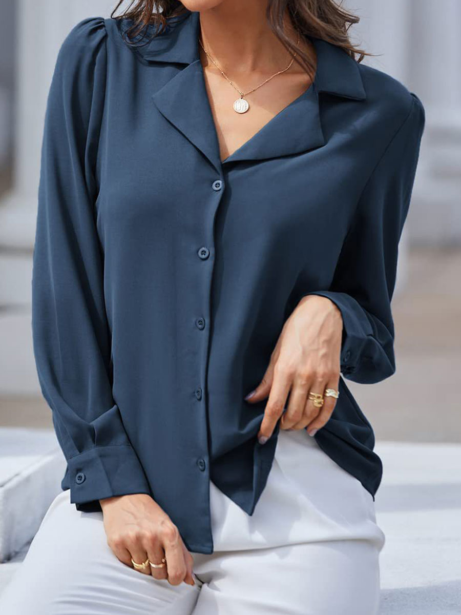 Casual Loose Solid Color Lapel Long Sleeve Blouse