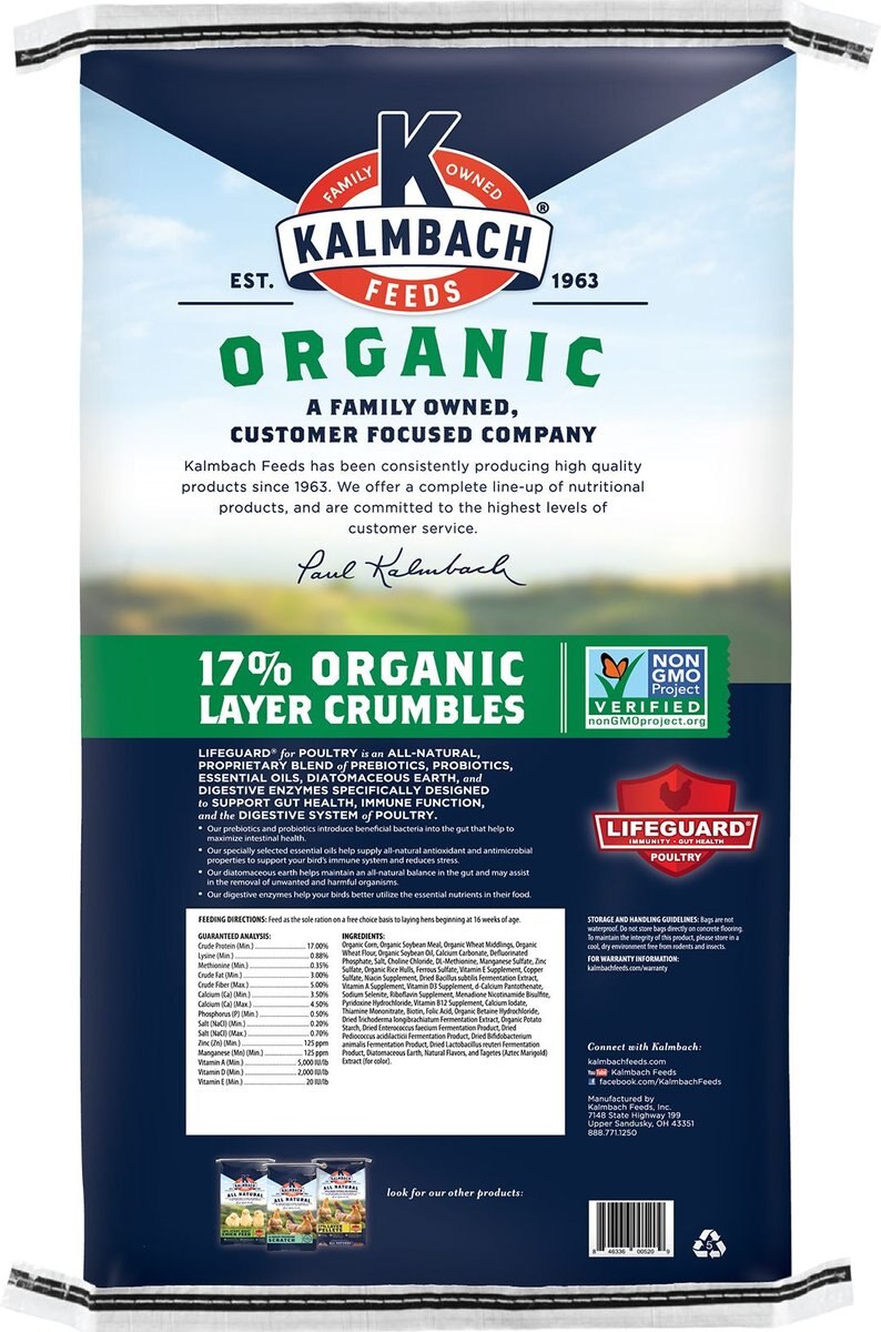 Kalmbach Feeds Organic 17% Layer Crumbles Chicken Feed， 35-lb bag