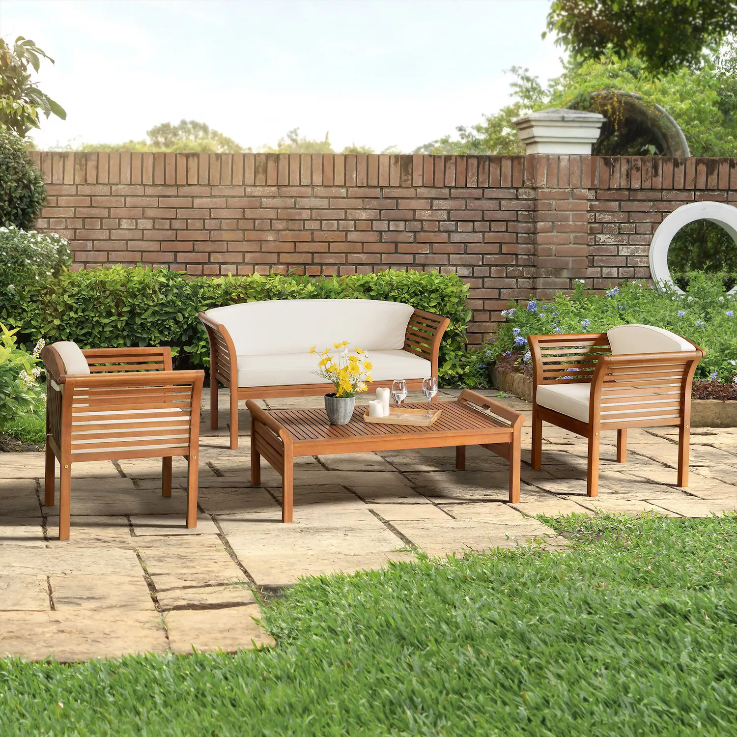 Alaterre Furniture Stamford Outdoor Bench， Chair and Coffee Table 4-piece Set