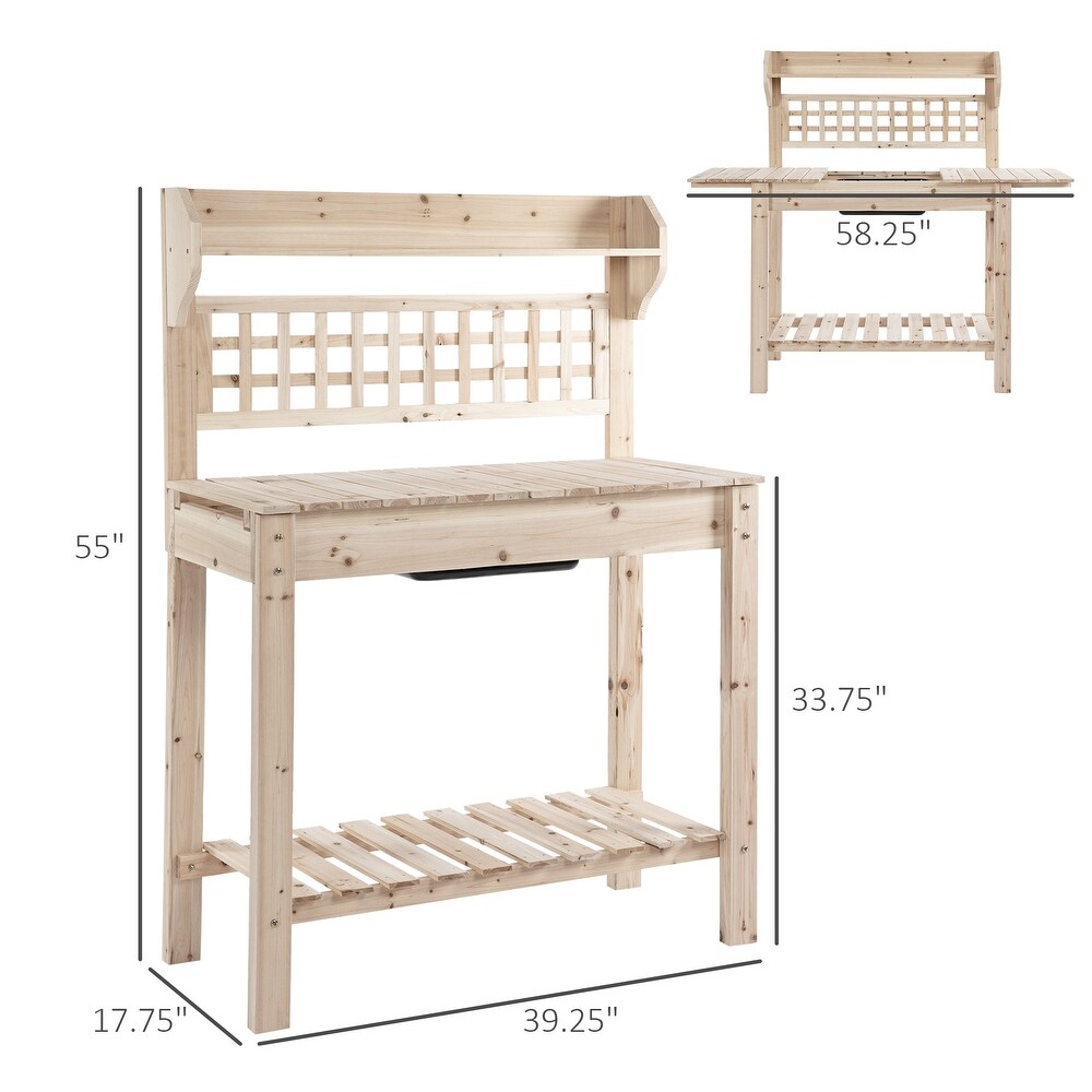 Outsunny 39'' x 18'' x 55'' Wood Garden Potting Work Table with Hidden Storage  Sink Basin    Below Clapboard