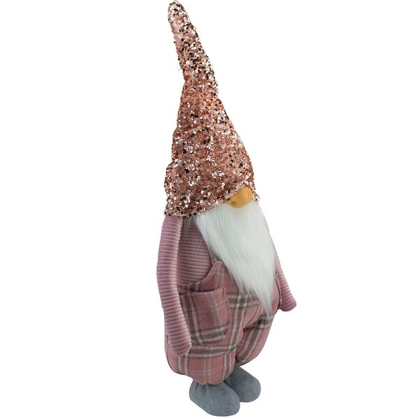 Tall Christmas Gnome Figure with Plaid Overalls Sequin Hat