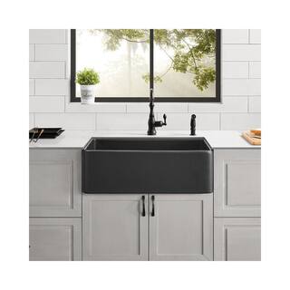 Modern Black Fireclay 33 in. Single Bowl Farmhouse Apron Workstation Kitchen Sink with Bottom Grid and Drain AB143264112