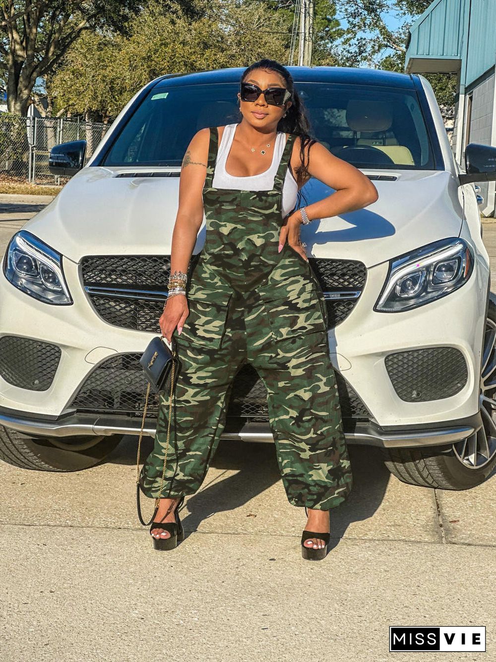 Camo Print Loose Baggy Sleeveless Cargo Jumpsuits