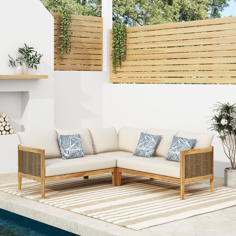 Burchett Acacia Wood and Round Wicker Outdoor 5 Seater Sectional Sofa Set with Cushions by Christopher Knight Home