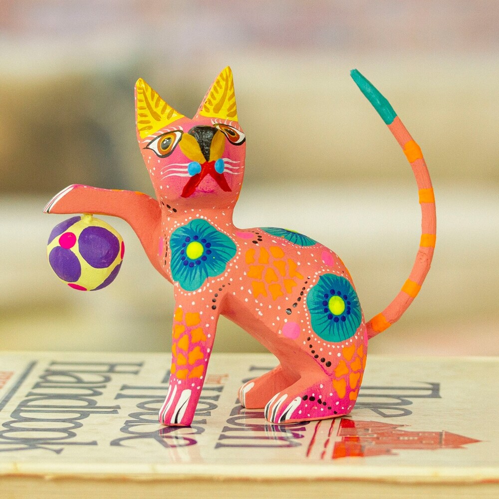 Novica Handmade Cute Cat With Ball Wood Alebrije Figurine