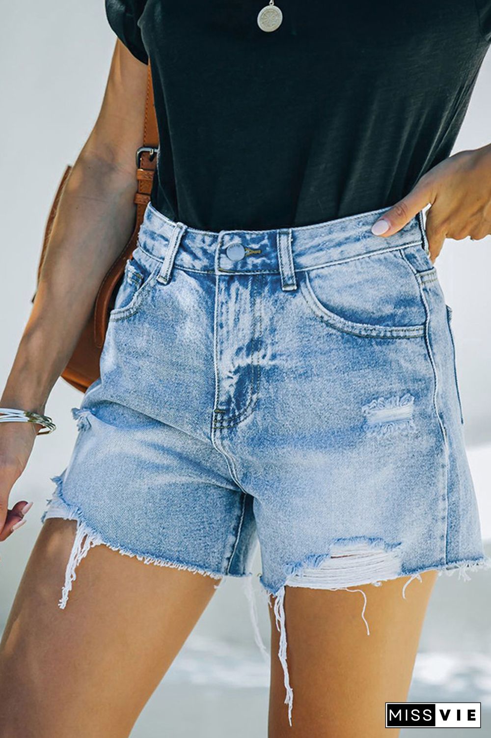 Sky Blue High Waist Distressed Washed Denim Shorts