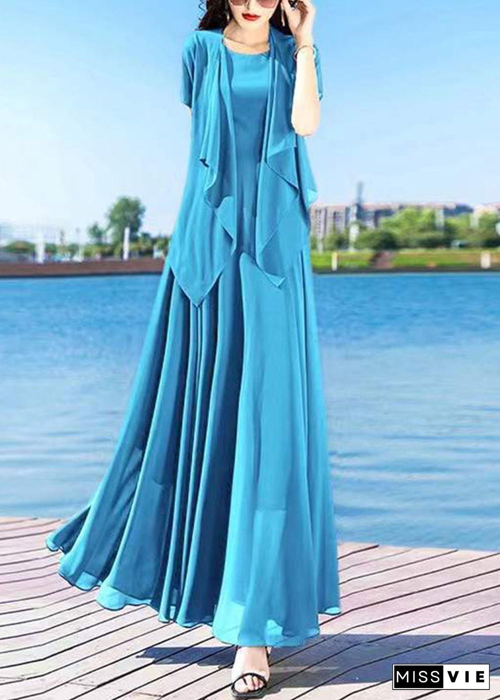 Casual Royalblue O-Neck Chiffon Cardigans And Long Dress Two Pieces Set Summer