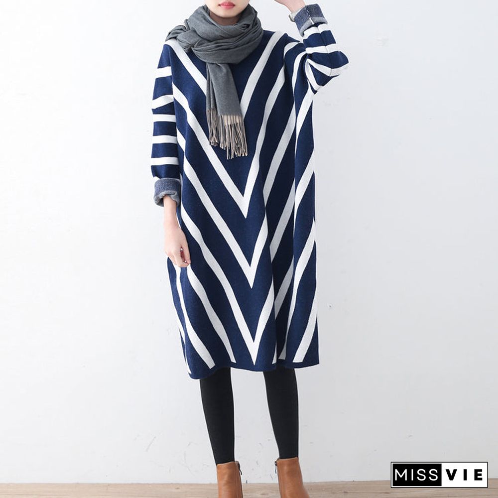 Cozy blue striped sweater dress plus size clothing fall dresses Elegant unique pullover long sleeve