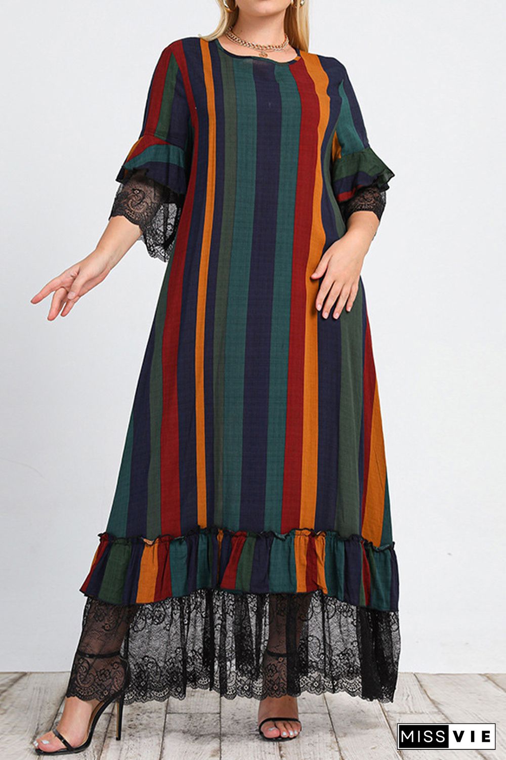 Plus Size Stripe Mesh Lace Long Sleeve Dress Wholesale