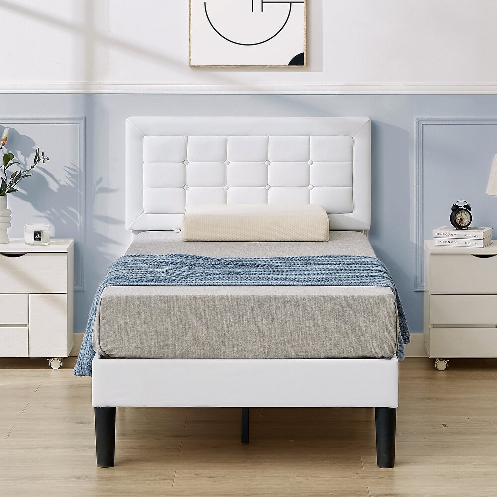 VECELO Tufted Upholstered Bed with Adjustable Headboard  Dark Grey Beige Blue Bed